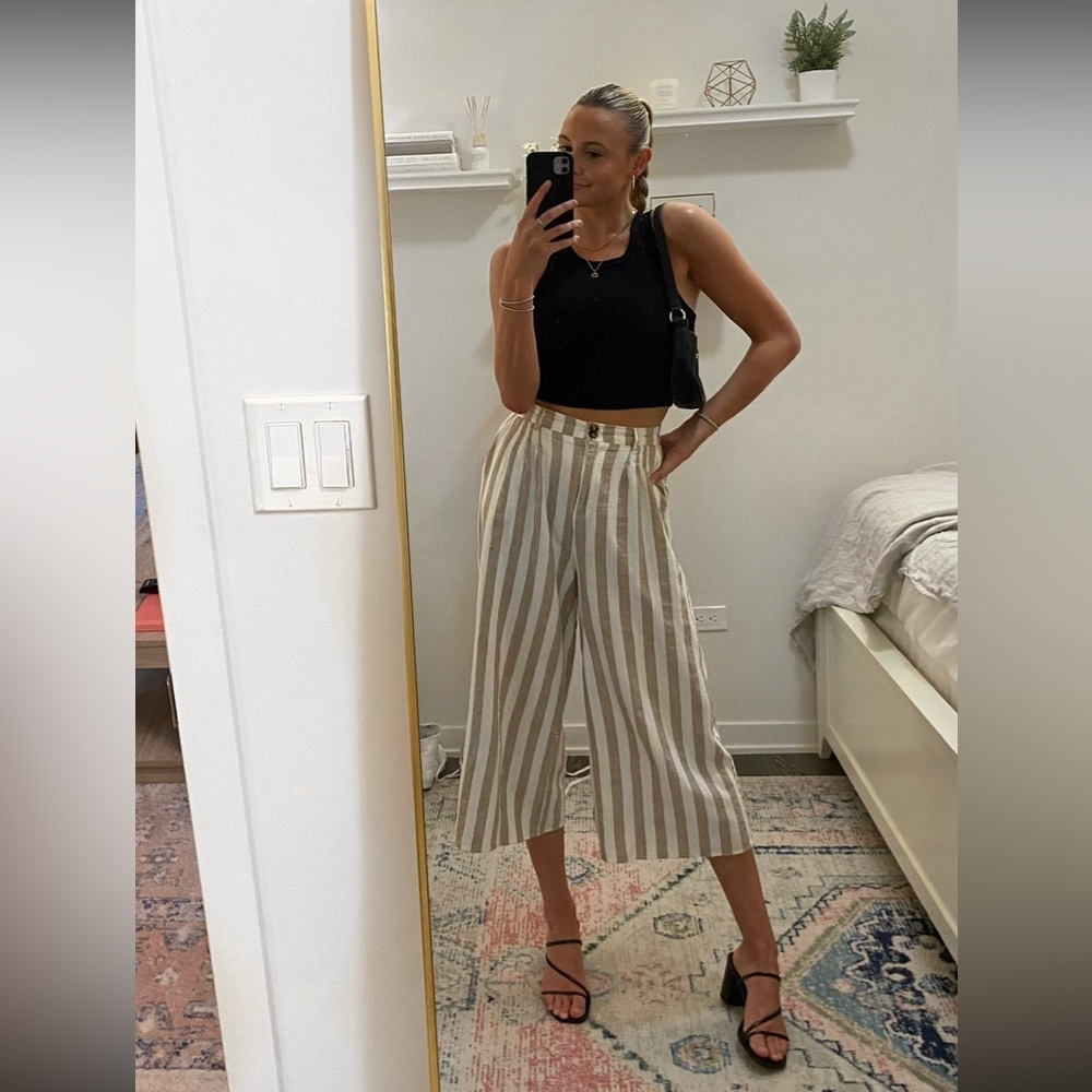Petal & Pup Beige and White Vertical-Stripe Wide-Leg Pants